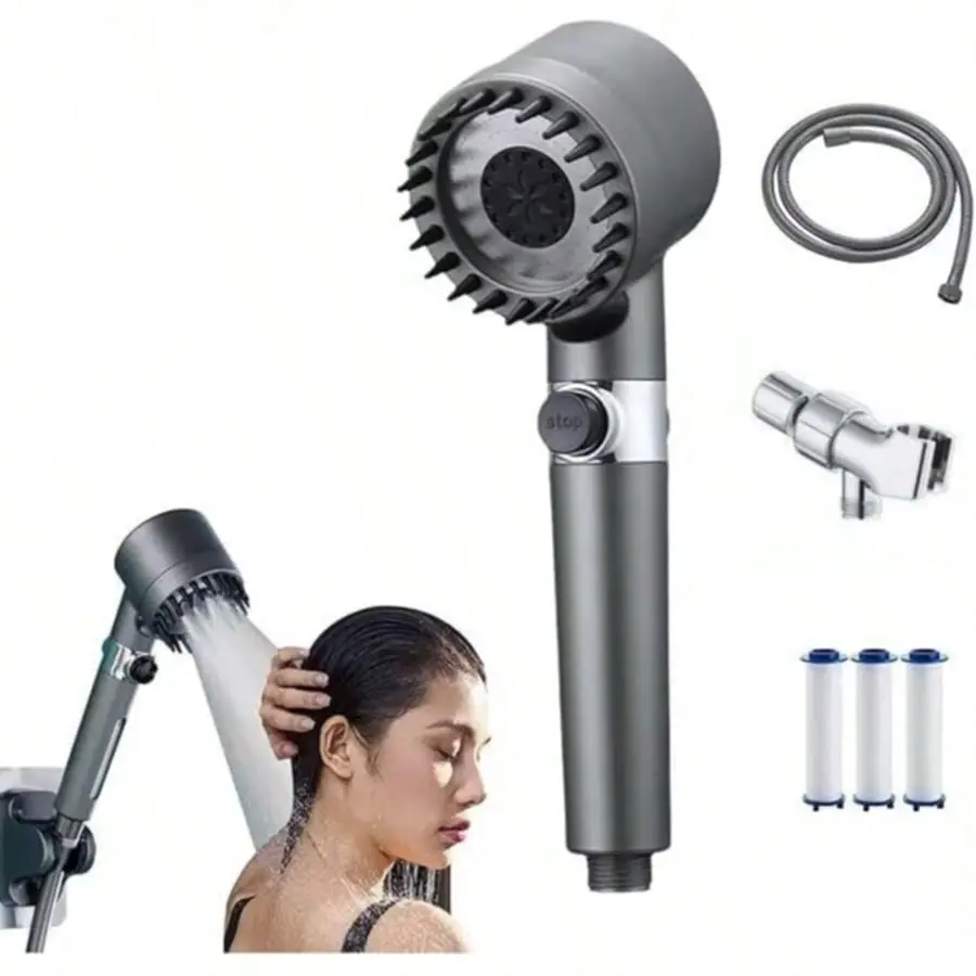 Stainless Steel Fixer+4Filters Shower Head Set, 3 Adjustable Modes, Stainless Steel Panel & Adapters, Perfect Gift