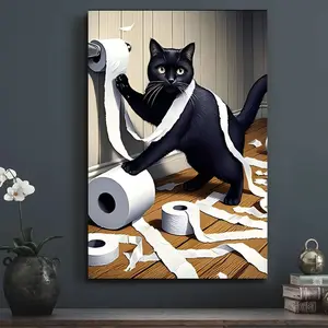 2D flat high-definition canvas wall art—accurate colors, moisture-resistant and wear-resistant, easy installation. Playful black cat poster featuring toilet paper; quirky pet-style canvas wall art. Bathroom room decor, bathroom background wall, fun home w