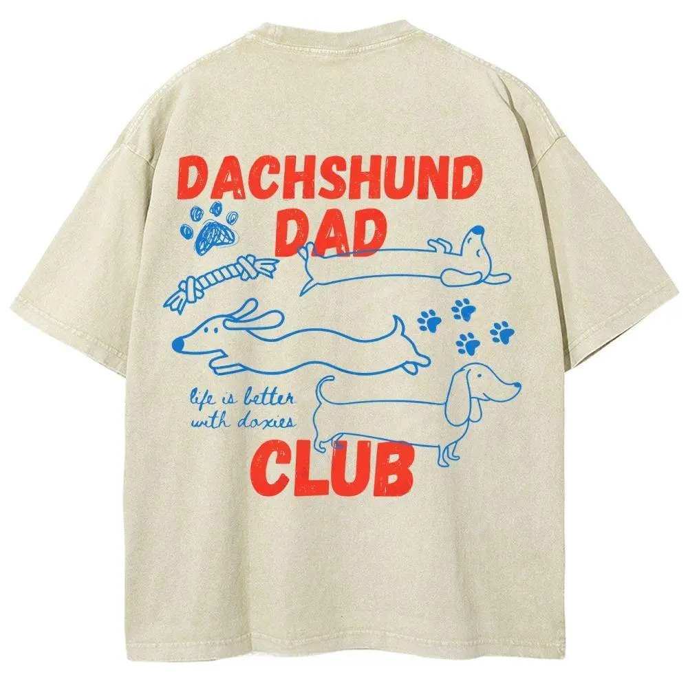 Dachshund Dad Club T-shirt, Men's Casual Cotton Comfort Shirt, Vintage CrewNeck Acid Washed Oversized Drop Shoulder Heavyweight T-shirt, Baggy Workout Tops Short Sleeve Shirt