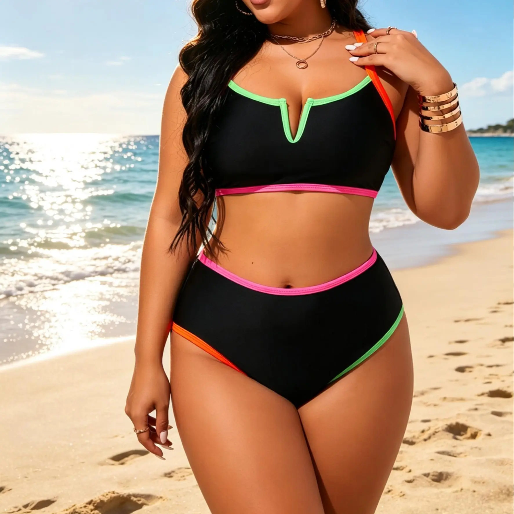 Women's Plus Size Color Block Bikini Set, Neon Trim High Waisted Two-Piece Swimsuit with V-Neck Top for Beach and Vacation