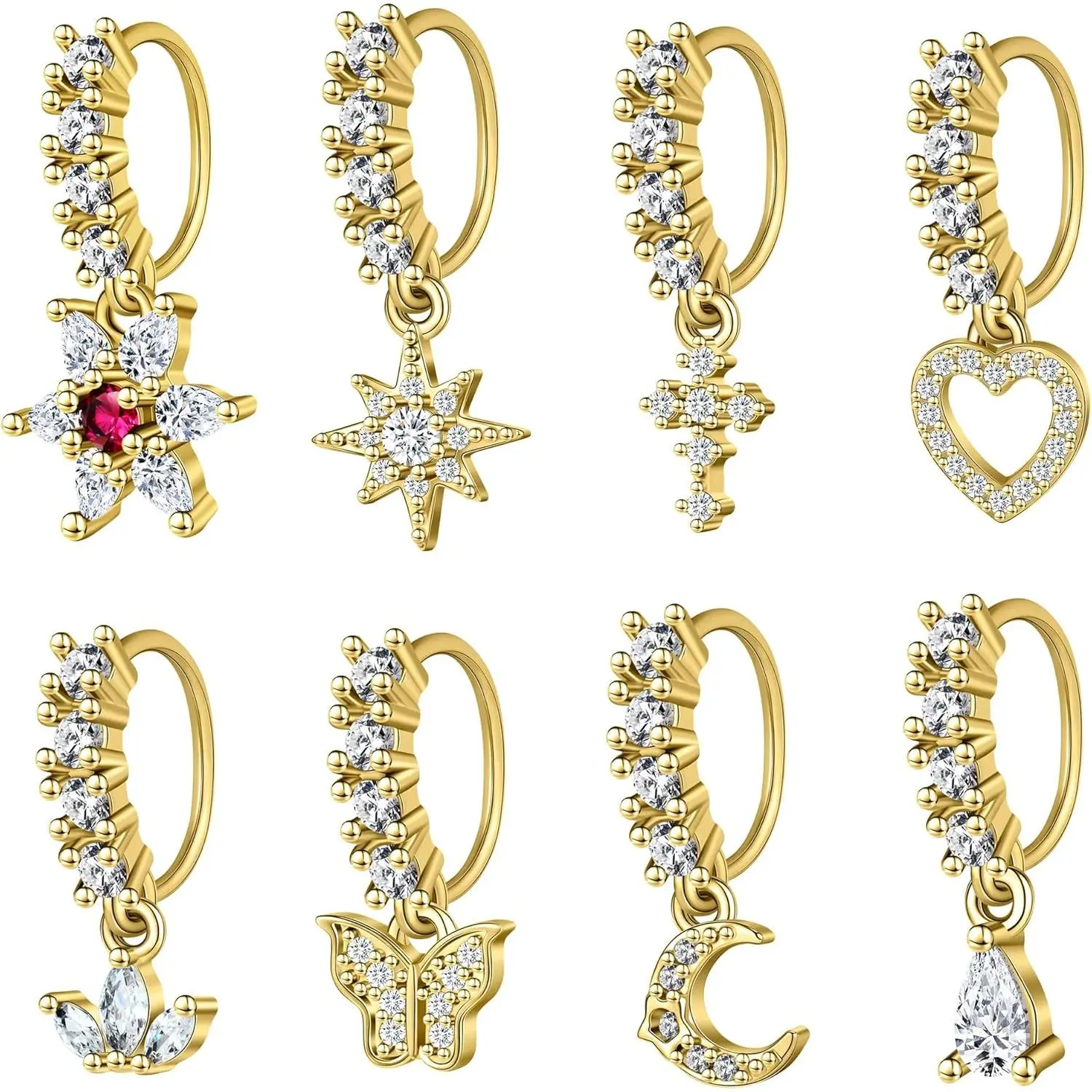 Dangle Nose Rings Hoop for Women Septum Nose Piercing Jewelry Cartilage Earring CZ Flower Leaf Star Butterfly Daith Tragus Helix Lip Piercing, Silver Gold Rose Gold