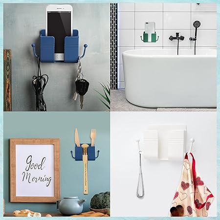 4Pcs Wall Mount Phone Holder Adhesive Wall Phone Mount Charging Stand and Remote Control Stand Multipurpose Socket Pocket Universal Deck Storage Box for Bedroom, Kitchen, Bathroom, Office