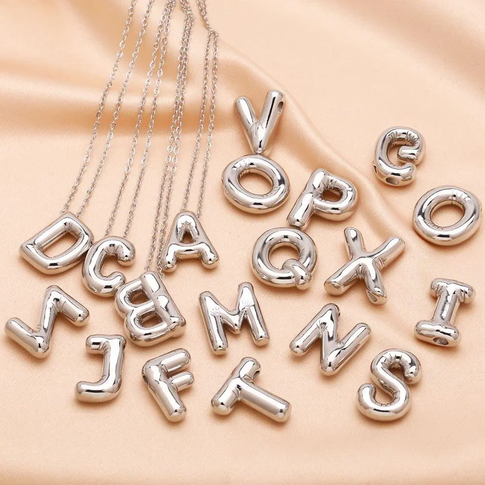 Chunky Alphabet Balloon Letter Pendant Necklace A-Z Name Silver Color Bubble Necklace for Women Men DIY Fashion Jewelry Gifts