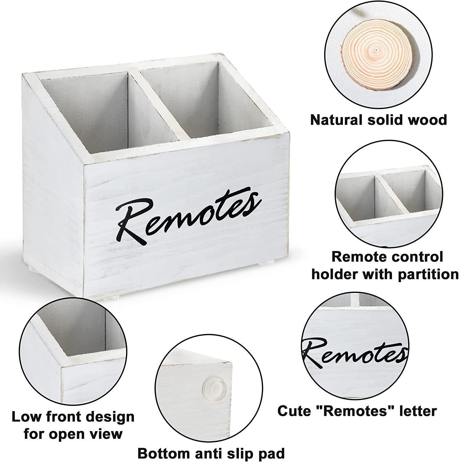 Remote Control Holder, Wood TV Remote Holder for Table, 2 Compartments Remote Control Storage Organizer, Media Caddy Organizer for Living Room Bedroom Office Nightstand(white) wooden box