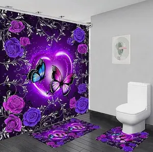 Purple Butterfly Print Bathroom Decor Set, 1 Set Including Shower Curtain, Toilet U-Shaped Mat & Rectangular Mat, Bathroom Accessories