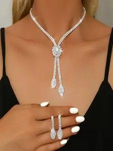 Women's Crystal Rhinestone Necklace & Earrings Set, Silver Color Y-Necklace with Flower Tassel Design, Adjustable Choker Style