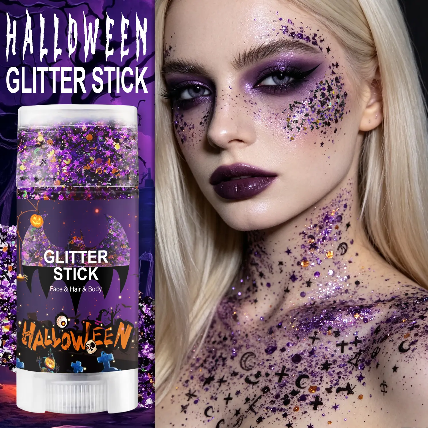 Halloween Body Glitter Stick, Bats Black Cat Ghost Skeleton Cross Glitter Black Orange Purple Sequin Chunky Giltter for Face Body Hair, Woman Kid’s Colorful Shimmering for Festival Carnival Makeup Cosmetic