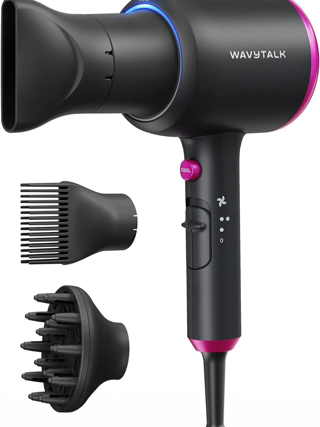 Wavytalk Hair Dryer with Diffuser, Blown Away Ionic Hair Dryer for Curly Hair with Comb, 1875W Fast Drying Blow Dryer with Ceramic Technology, 3 Attachments for All Hair Types, Light and Quiet, Black