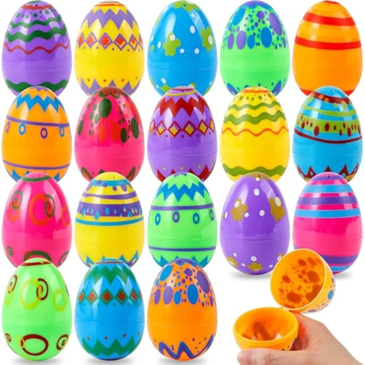 18PCS 3.15" Printed Easter Eggs, Empty Fillable Colorful Plastic Eggs Bulks for Easter Hunt, Basket Stuffers Filler, Classroom Prize Supplies