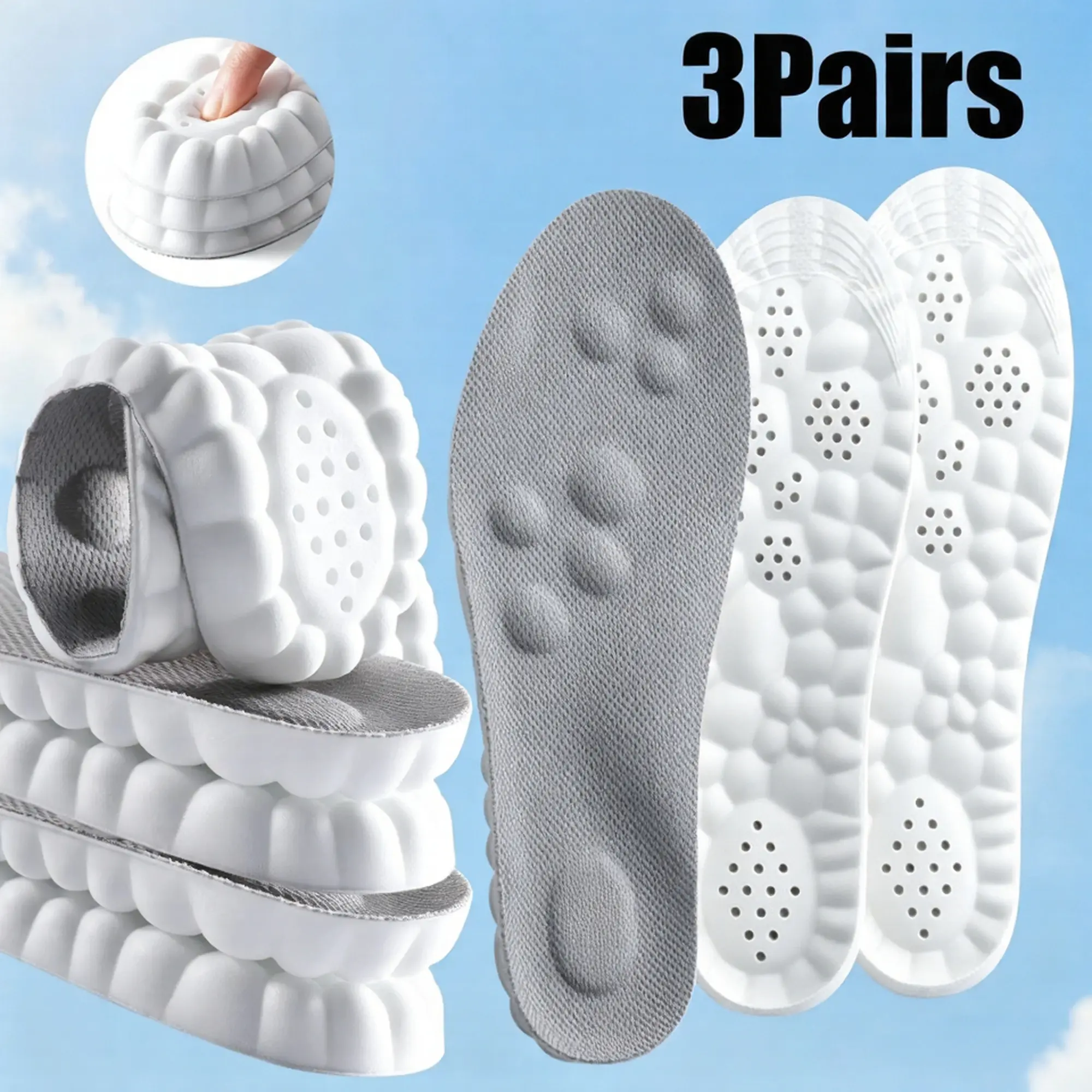 3Pair 4D Ultra Comfort Insoles-Super Soft,Anti-Fatigue, Shock Absorption, U-Shaped Memory Foam Insoles, Ideal for Running Work Walking Shoes (Gray) ﻿