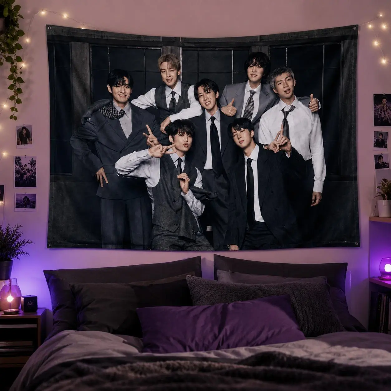 Korean 7-Member Boy Band Inspired Tapestry, Black Suit Idol Photo Wall Hanging, Large Fabric K-Pop Fan Bedroom Decor, Teen Girl Birthday Gift (3)