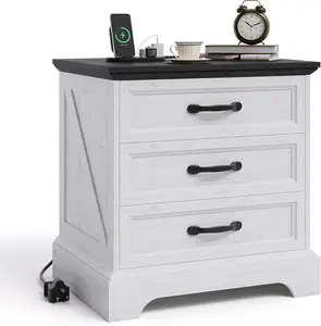 Modern Farmhouse Wood Nightstand with Charging Station & 3 Large Drawers, 24 Inch Wide Rustic Bedside Table & End Table with Storage Bedside Cabinet for Bedroom Living Room Small Space White