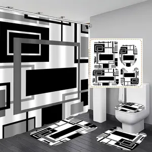 4 Pcs Black Geometric Shower Curtain Sets Non-Slip Bath Rugs, Toilet Cover, U-Shaped Mat, Abstract Geometric Modern Shower Curtain with 12 Hooks