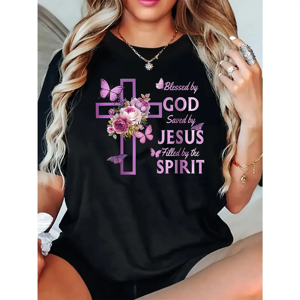 Blessed By God Saved By Jesus Purple Floral Cross Christian T-S Women's T-Shirt