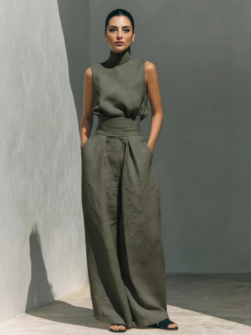 LikeMyChoice 2-Piece Elegant Linen-Blend Set Chic Mock Neck Halter Top & High-Waisted Wide-Leg Pants | Trendy Old Money Aesthetic Outfit for Summer Vacation & Office LikeMyChoice 2-Piece Elegant Linen-Blend Set Chic Mock Neck Halter Top & High-Waisted Wide-Leg Pants | Trendy Old Money Aesthetic Outfit for Summer Vacation & Office