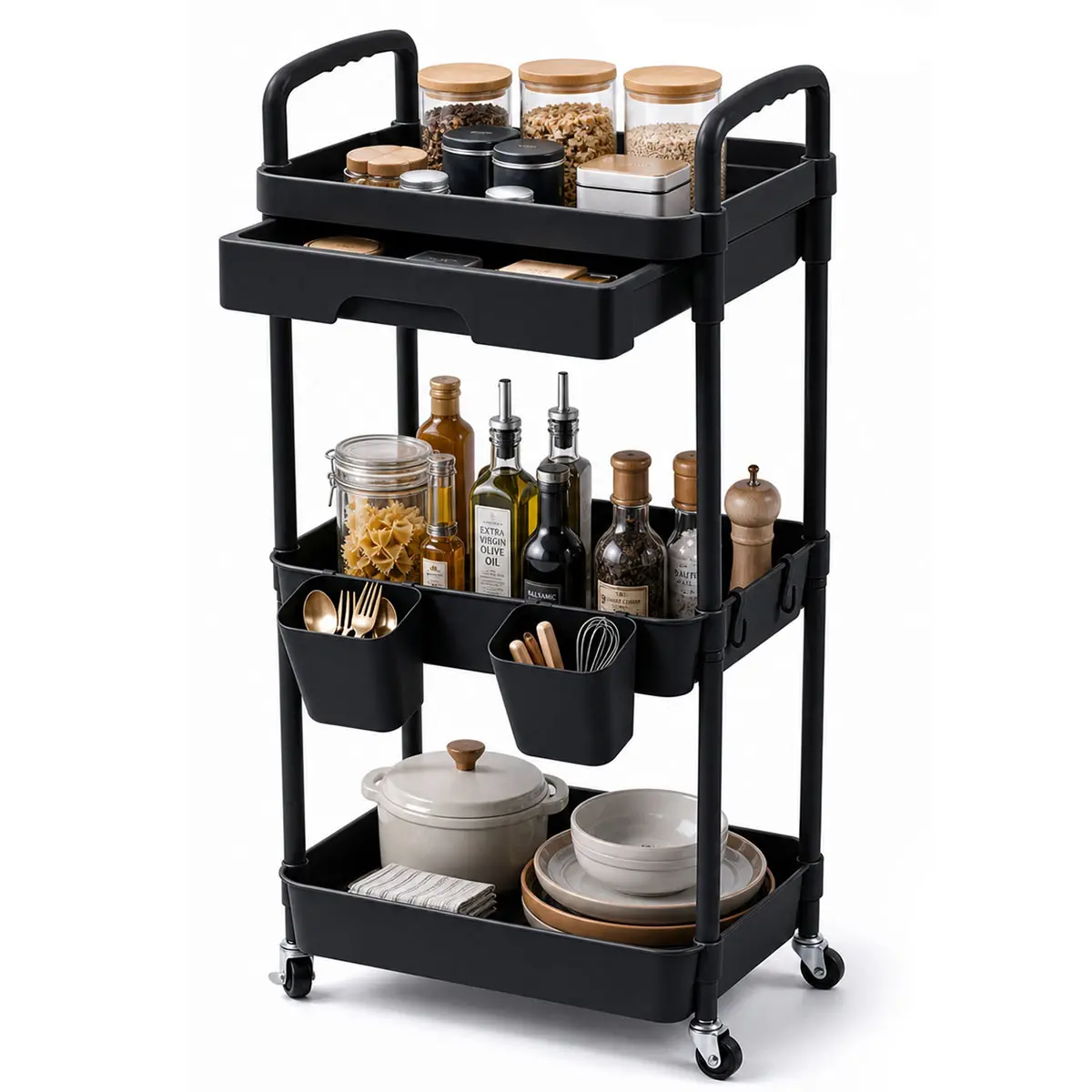3-Tier Rectangular Plastic Composite Utility Cart with Metal Frame, Layer Storage, Pull-Out Drawer, Hanging Cups, Narrow-Fit Wheels - Holder Organizer Racks for Kitchen, Office (Pink/Black),home decor