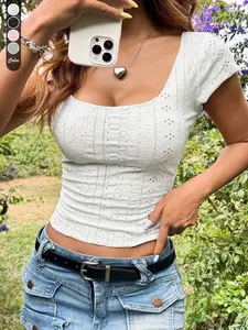 Women Square-neck Pure Elegant Style T-shirt Solid-color Short-sleeved Slim-fitting Versatile Top Dressy Casual Clothes Spring Summer Trendy Outfits