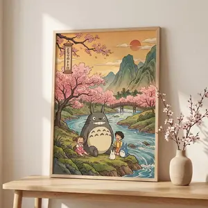 Totoro Inspired Japanese Landscape Print_ Cherry Blossom Anime Poster _ Cozy Studio Ghibli Style Decor _ Cute Nature Art Gift 51 [unframed]