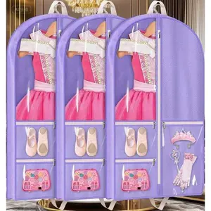 40" Hanging Garment Bags for Dance Costumes with 3 Pockets, Reusable Cheer Uniform Organizer for Competition & Travel, Durable Kids Storage Bag, 3-Pack Purple Lightweight Set Metal Transparent Clear bee charm mini basket