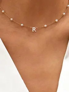 Elegant Letter Detail Faux Pearls Decor Pendant Necklace for Gift, Stainless Steel Casual Matching Necklace Jewelry, Classic Fashion Accessories for Daily Wear