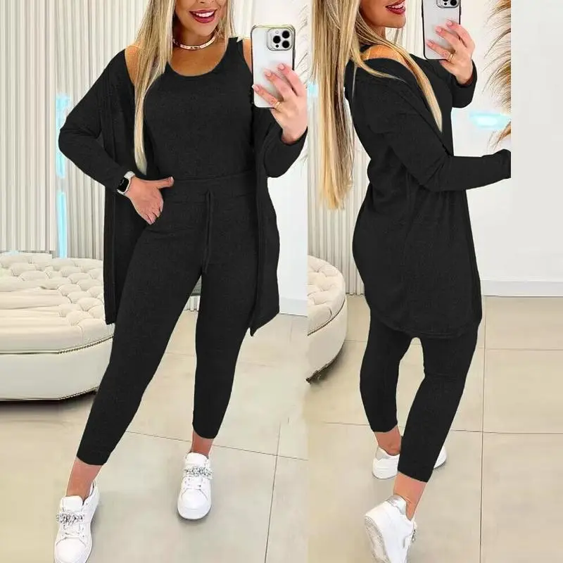 CHICME Women's Ribbed 3-Piece Matching Suit - Open Front Cardigan, Tank Top, Drawstring Pants - Ready-to-Wear Cozy Women's Clothes for Daily Outfits