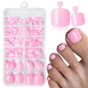 120pc Pink Press on Toenails Women Fake Toe Nails with Glue Tabs, Pink Fake Toenails Press on Toe Nails Glue on Toenail Acrylic Toes Nail Tips Artificial False Toenail for Women Girls