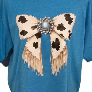Cowprint Bow T-Shirt - Women's Top with Cowprint Design, Bow Detail, and Fringe Trim - Womenswear Comfort Summer Streetwear Crewneck Casual