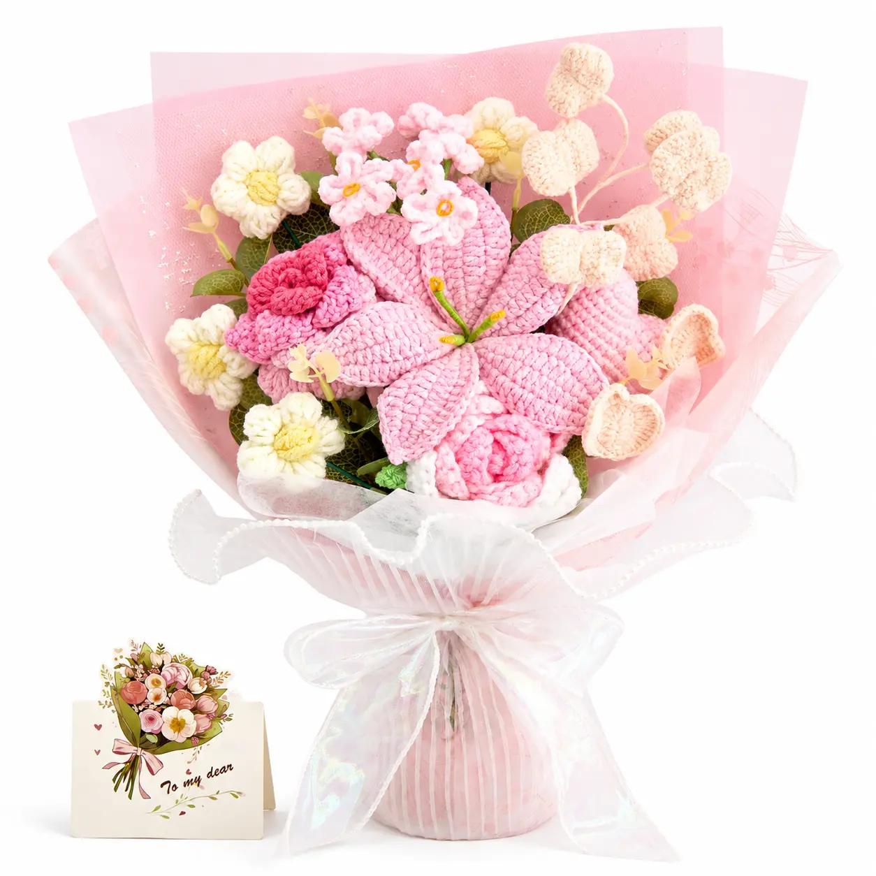 YShomy Handmade Crochet Pink Lily Artificial Flower Bouquet - Home Decor Gift with Greeting Card, US Fast Shipping for Girlfriend Birthday, Easter-Inspired Forever Flowers