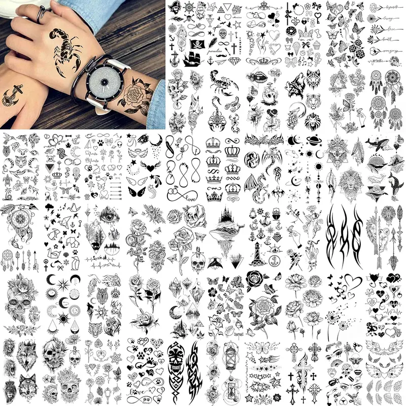 52 Sheets Creative Black Tiny Crown Infinity Triangle Fake Tattoos For Men Women Realistic Stars Letters Tattoos For Kids Tattoos Temporary Waterproof Arm Hand Face Finger Neck Tatoo Stickers