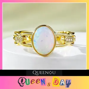 【957】December QUEENSDAYHollow Rectangular Ring with Synthetic Opal