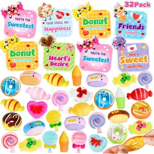 32 Packs Valentines Day Gifts for Kids with Candy Mochi Dessert Squishy Toys, Valentines Cards for Kids Classroom with Cute Squeeze Fidget Toys, Valentines Party Favors, Class Exchange & School Prize