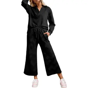 2 count Sets for Women Collared V Long Sleeve Polo Shirts Tops Lounge Set Tracksuits Sweatsuits