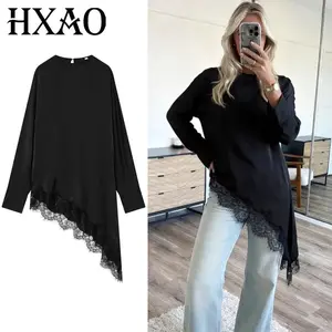 HXAO Lace Asymmetric Black Shirts Woman Blouses Spring Autumn 2026 Minimalist Women's O-Neck Long Sleeve Top Korean Style Blouse