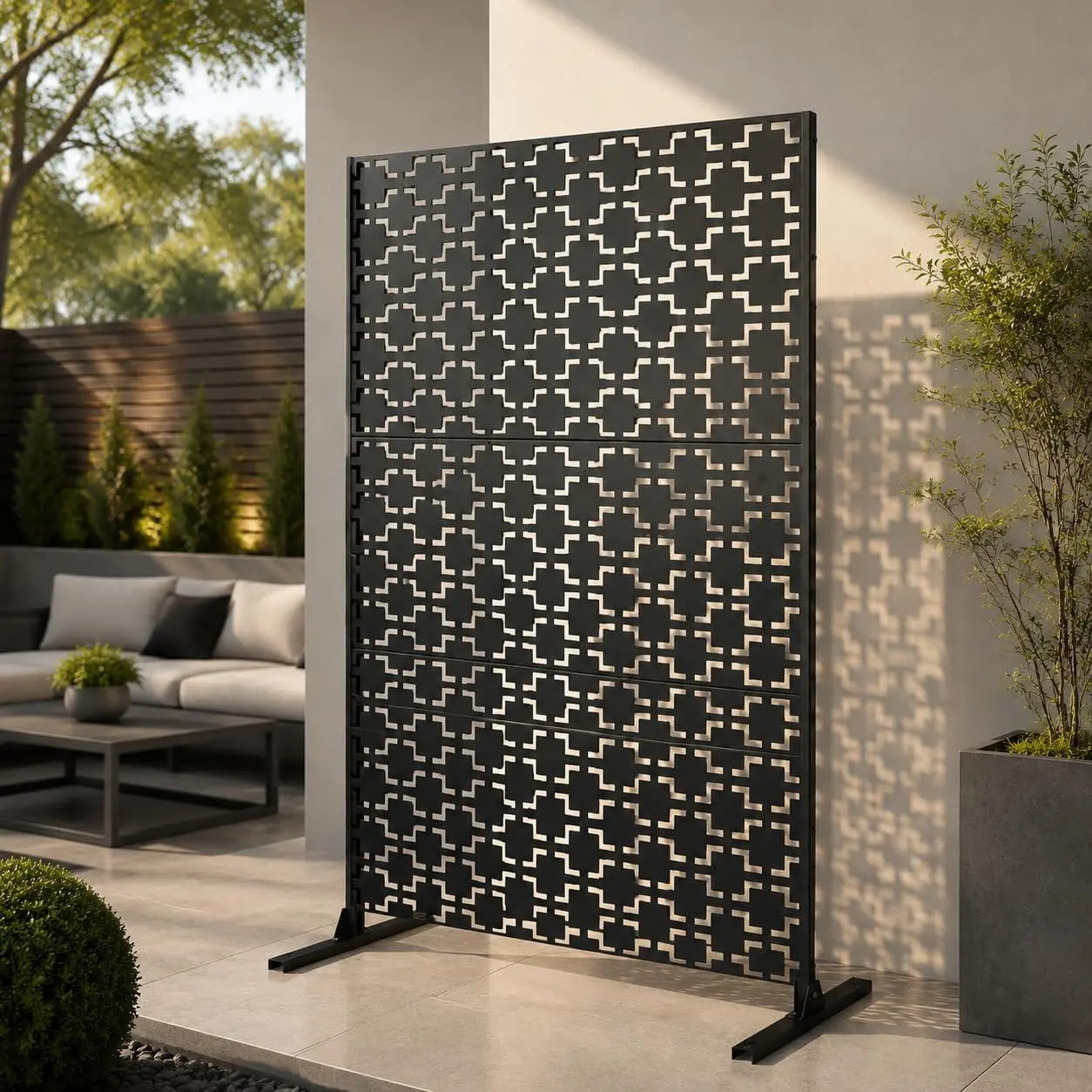 Metal Privacy Screen Outdoor – 48"W x 75"H Freestanding Privacy Fence Panel, No Dig Decorative Steel Divider with Stable Legs for Patio, Balcony & Garden, Black Square