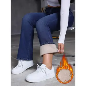 Women'S Heavy-Duty Thickened Winter Jeans - Non-See-Through Stretch Denim Pants with Zipper Closure, All-Season Bell-Bottom Leg for Everyday & Formal Outfits - Classic Blue Washed Look