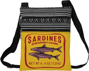 Sardine Can Messenger Bag Ethnic Pattern Printed Adjustable Strap Crossbody Zipper Pouch Canned Sardines Phone Organizer Wallet Shoulder Handbag for Woman