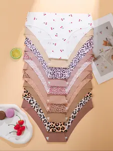10 Pcs Women's Seamless Ice Silk Underwear Set, Cute Fashion Prints, Extra Thin Fitted Cotton Panties, All Season Comfortable Fit, Fashion Comfy Underwear