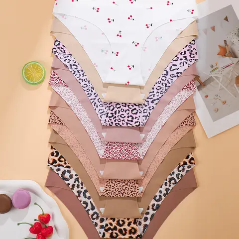 10 Pcs Women's Seamless Underwear Set, Cute Fashion Prints, Extra Thin Fitted Panties, Casual Comfy Panties, All Season Comfortable Fit, Fashion Comfy Underwear