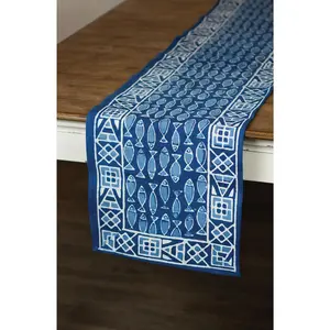 Indigo Blue and white hand block printed 100% cotton table runner with fish motif