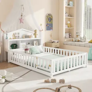 ARCH Full-size Montessori Floor Bed with Bookcases and Blackboards, Versatile Platform Beds with Guard rails, Solid Wood Floor Beds with Storage Headboards, Floor Beds for Kids and Teens White