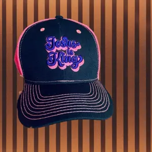 Jesus is King Trucker Hat Snapback with 3D Puff Design Purple and Pink Trim Cotton Fashion Statement Accessory