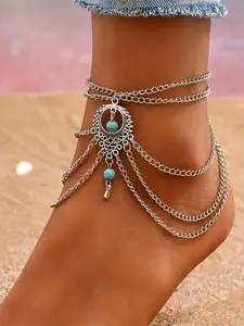 Boho Style Turquoise Beaded Decor Multi-layered Adjustable Strap Anklet, Trendy Fashionable Accessories, Trendy All-match & Exquisite Pendant Jewelry Accessories for Women & Girls for Party & Daily Cloth Decor, Chains Jewellery