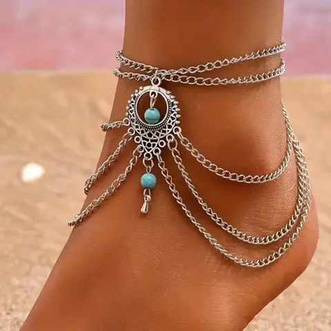 Boho Style Turquoise Beaded Decor Multi-layered Adjustable Strap Anklet, Foot Jewelry, Dainty Layered Anklet, Trendy, All-match & Exquisite Pendant Jewelry for Women & Girls for Party & Daily Cloth Decor, Jewellery, Trendy Fashionable Accessories