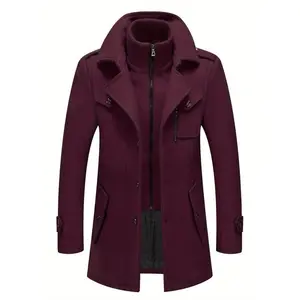 Men's Stand Collar Wool Blend Pea Coats With Removable Inner Collar Single Breasted Overcoat,Suitable for Autumn and Winter Seasons