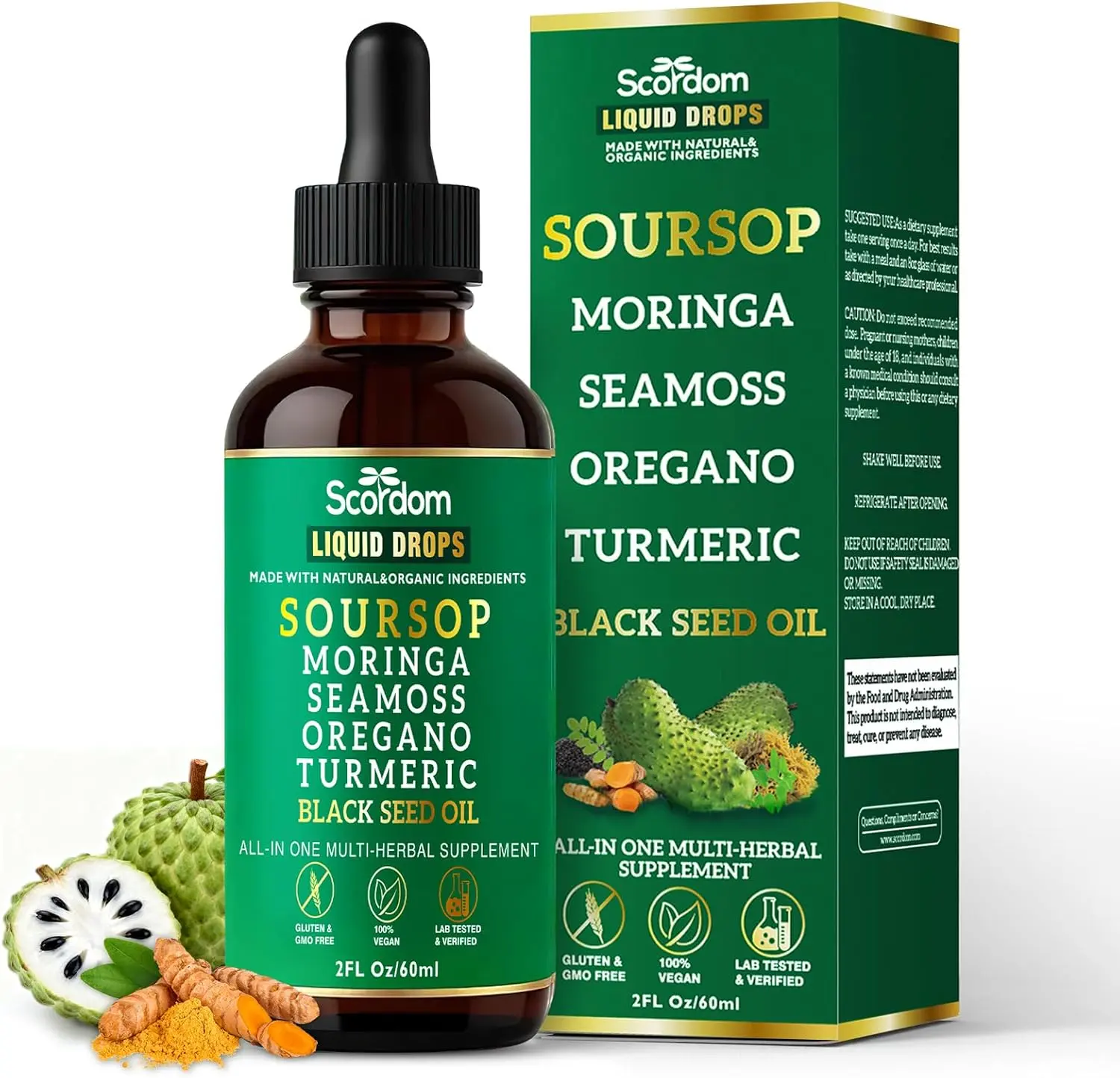 Soursop Bitters Liquid Drops 10-in-1 with Sea Moss, Turmeric, Moringa, Black Seed Oil, Oregano, Ashwagandha & Herbal Extracts - Supports Overall Wellness, Vegan, 60mL/2 Fl Oz