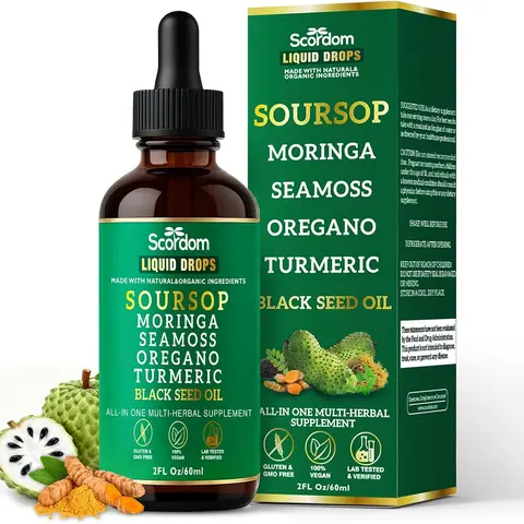 Soursop Bitters Liquid Drops 10-in-1 with Sea Moss, Turmeric, Moringa, Black Seed Oil, Oregano, Ashwagandha & Herbal Extracts - Supports Overall Wellness, Vegan, 60mL/2 Fl Oz