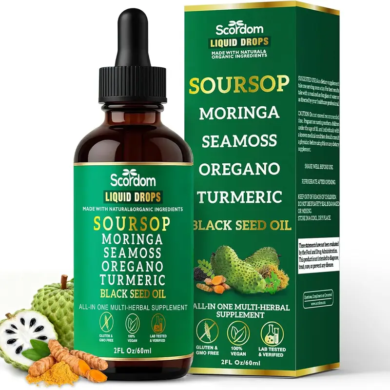 Soursop Bitters Liquid Drops 10-in-1 with Sea Moss, Turmeric, Moringa, Black Seed Oil, Oregano, Ashwagandha & Herbal Extracts - Supports Overall Wellness, Vegan, 60mL/2 Fl Oz