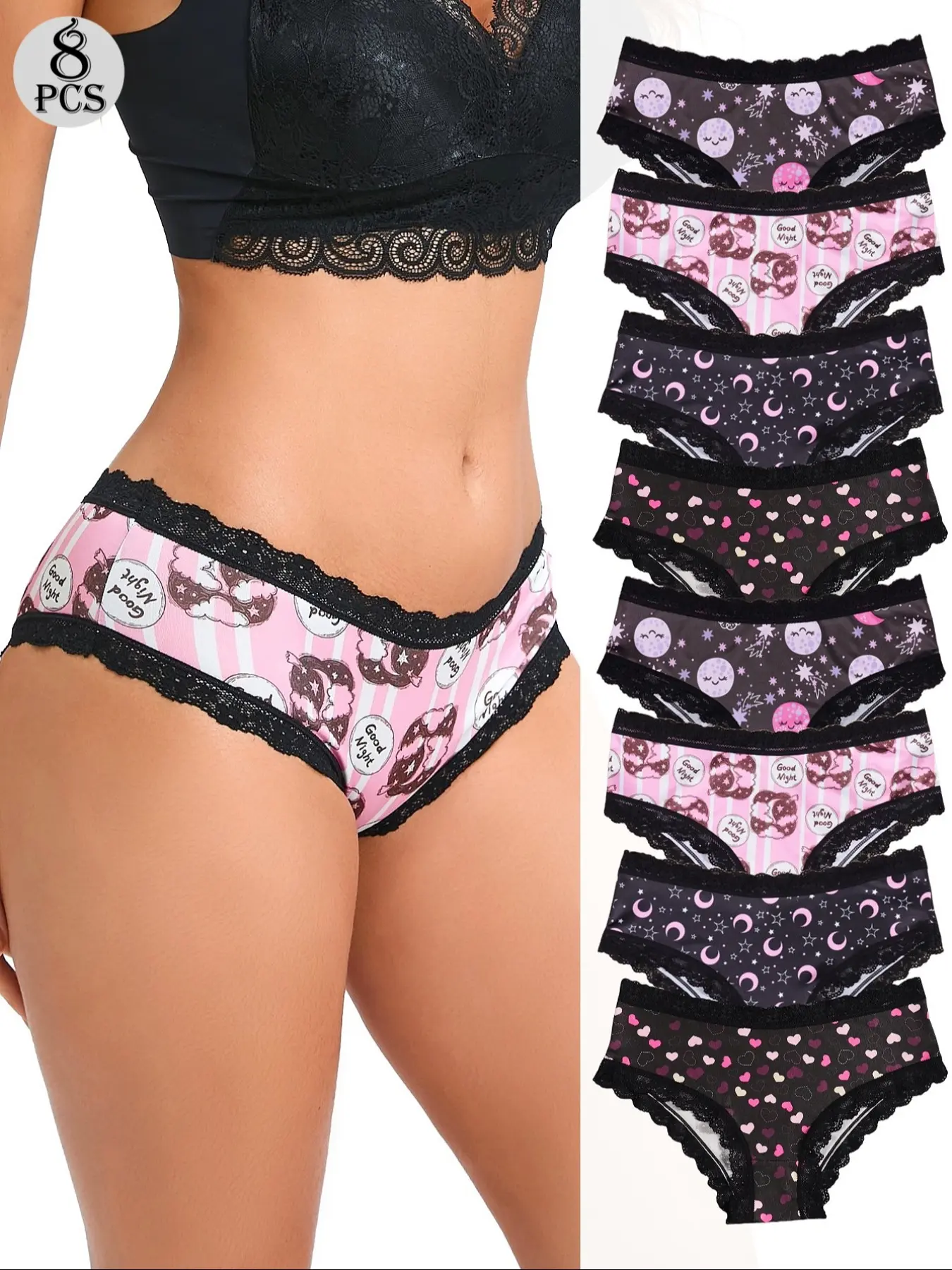 8-Pack Women's Lace Patchwork Underwear Set, Elastic Waistband, Comfortable Fit, Starry Sky Print, Casual All Season Lingerie, Casual Underwear Brief, Daily Casual Underwear, Casual Panties