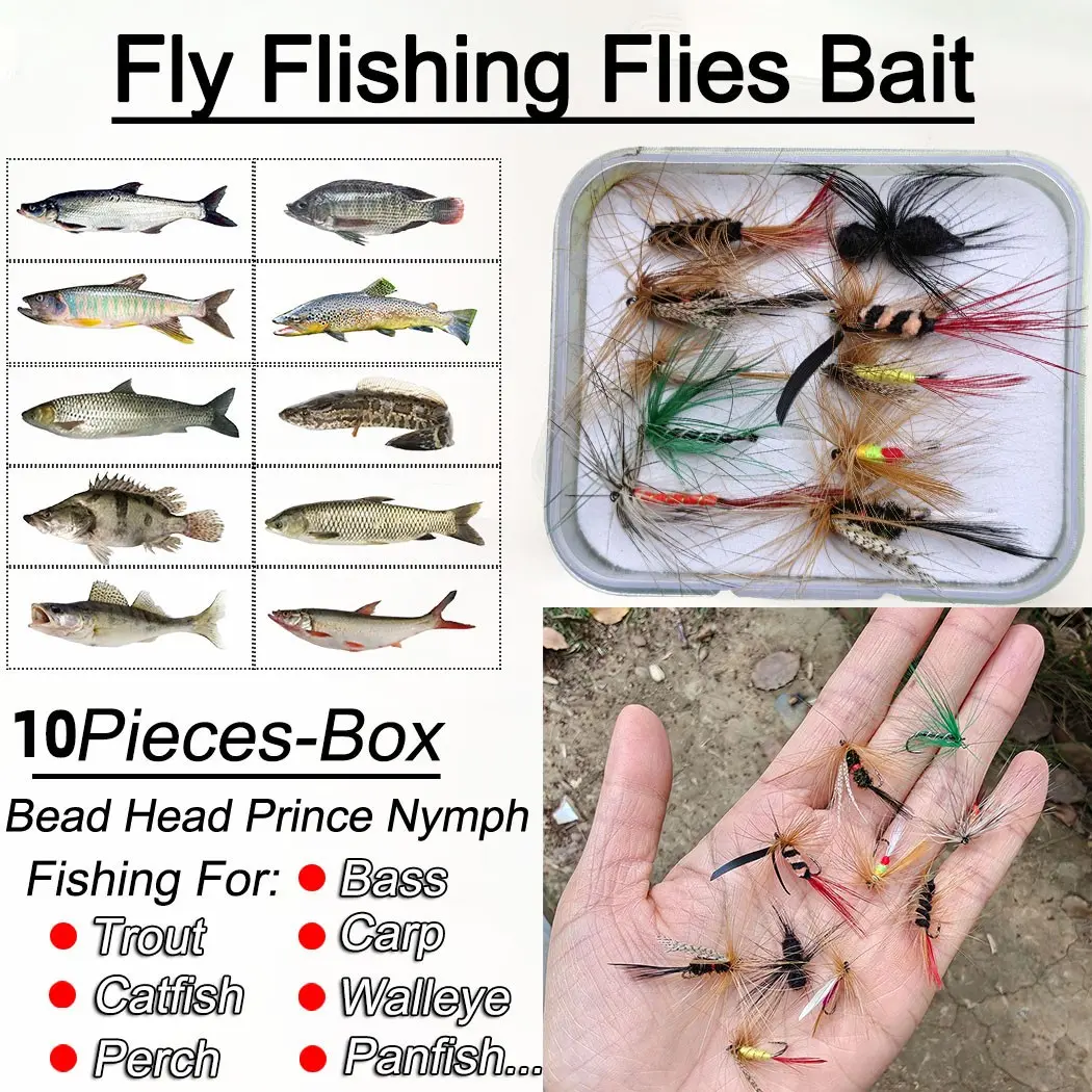 10pcs Fly Fishing Flies, Dry Flies Bait Bead Head Prince Nymph Lure, Trout/carp Fishing Artificial Lure Accessories, Includes Flies Box, Outdoor Fishing Supplies, Fishing Stuff