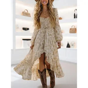 Western Style LN1694 Summer New Print Elegant Low-Neck Vacation Long Sleeve Tie-Waist Asymmetrical Front Short Back Long Women's Dress